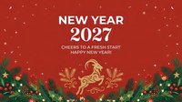 New Year 2027 celebration greeting with golden horse, festive garland, and confetti on red background for holiday cards and seasonal promotions.