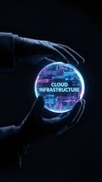 Businessman hands protecting glowing digital sphere with cloud infrastructure text and circuit patterns on dark background for technology concepts.