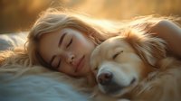 Young Caucasian woman with blonde hair sleeping peacefully next to golden retriever dog on soft bedding, captured in warm sunset lighting with dreamy atmospheric mood.