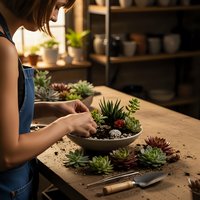 Young woman arranging colorful succulents in ceramic bowl on wooden table. Indoor gardening hobby, plant care and home decoration craft project.