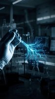 Scientist hand in latex glove holding glowing blue digital circuit network in modern laboratory for technology research and innovation concepts.