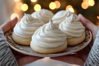 Homemade sugar cookies topped with swirled vanilla buttercream frosting on vintage plate with soft bokeh lights background, cozy winter holiday baking scene.