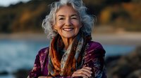 Senior Asian woman with silver hair smiling warmly at sunset by ocean, wearing purple velvet jacket and patterned scarf, radiating joy and confidence in natural coastal setting.