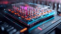 Professional audio mixing console with illuminated buttons and faders in nightclub. Vibrant neon pink and blue lighting creates dramatic atmosphere for music production.