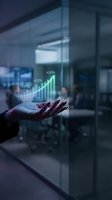 Woman holding holographic financial growth chart with rising bar graph and percentage increases in modern office environment for business analytics and investment concepts.