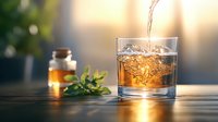 Pouring golden liquid into rocks glass with splashing ice cubes, honey jar and fresh mint leaves on wooden surface in warm sunset lighting.