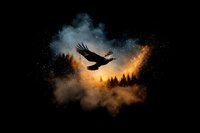 Majestic eagle silhouette soaring through dramatic sky with orange and blue cosmic clouds above dark forest treeline, mystical nature scene with flying bird.