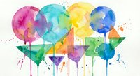 Colorful watercolor balloons with geometric triangles creating vibrant abstract composition with paint drips and splatters on white background.