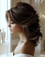 Elegant bridal updo hairstyle with soft waves and highlights on young Asian woman in white dress, side profile view against light interior background.