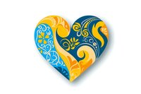 Decorative heart shape with ornate swirling pattern in blue and yellow colors, featuring floral and abstract elements on white background, isolated for design use.