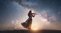 Woman violinist playing under starry night sky with Milky Way galaxy creating magical musical performance scene for artistic and inspirational projects.