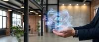 Professional businessman displaying holographic network connections in modern office space for technology and digital transformation concepts.