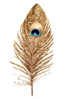 Luxurious golden peacock feather with blue eye on white background, isolated for design projects in fashion, wedding invitations, and luxury branding.