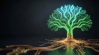 Glowing digital tree with luminous green branches and golden circuit board roots on dark background for technology and nature concepts.