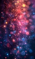 Magical glowing bokeh lights on dark background with pink and blue gradient colors creating dreamy cosmic atmosphere for festive designs.