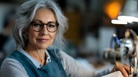 Confident mature woman with gray hair and glasses smiling in modern kitchen, representing successful aging, culinary expertise, and home cooking lifestyle.
