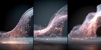 Glowing particle wave formation in three progressive stages against dark background, creating dynamic light trail effect for motion graphics.