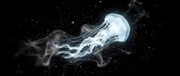 Glowing white jellyfish floating in dark cosmic space with sparkling particles, ethereal smoke trails, and bioluminescent light effect.