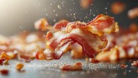 Crispy bacon strips sizzling on cooking surface with grease splatter and smoke in dramatic lighting, showcasing rich texture and caramelization.