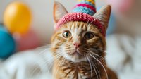 Ginger cat wearing pink knitted winter hat against blurred festive background with colorful balloons. Close up portrait of domestic pet in seasonal attire.