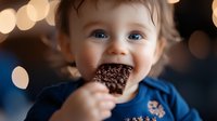 Happy toddler with bright blue eyes eating chocolate ice cream bar, wearing navy blue shirt against blurred bokeh lights background. Joyful childhood moment.