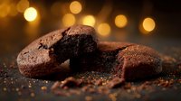 Freshly baked chocolate cookies with rich texture and crumbs against warm golden bokeh background, creating cozy atmosphere for dessert photography.