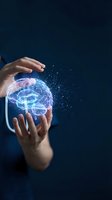 Hands holding glowing digital brain with neural network particles on dark blue background, representing artificial intelligence, technology innovation, and cognitive science concepts.