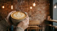 Hands holding warm coffee cup with latte art in cozy cafe with exposed brick walls and hanging Edison bulbs creating intimate atmosphere.