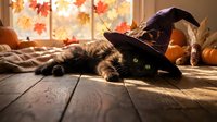 Tabby cat wearing witch hat lying on wooden floor with autumn leaves and pumpkins creating cozy Halloween atmosphere indoors.