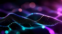 Glowing digital wave with flowing particles and bokeh lights in cyan and magenta tones, suitable for tech backgrounds and digital design projects.