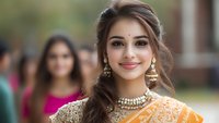 Young South Asian woman wearing traditional orange sari and ornate gold jewelry with pearl necklace and jhumka earrings smiling at camera during cultural celebration.