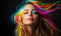 Young woman with vibrant rainbow-colored hair flowing dramatically against dark background, wearing bright eye makeup, expressing confidence and creativity.
