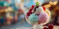 Colorful ice cream sundae with fresh raspberries and cherries in glass bowl against blurred festive lights background, perfect for dessert menu or summer advertising.