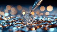 Macro shot of cryptocurrency coin with electronic circuit and syringe needle on reflective surface with bokeh lights in blue and orange tones. Financial technology concept.