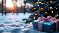 Blue wrapped gift box with pink ribbon bow on snowy surface against blurred winter bokeh lights and sunshine, creating magical holiday atmosphere.