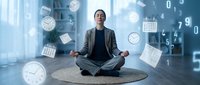 Young Asian male professional in business casual attire meditating in lotus position surrounded by floating clocks, calendars, and digital numbers, representing time management and productivity in modern workplace.