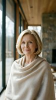 Mature woman with blonde shoulder-length hair wearing a cream-colored wrap, standing in a modern home with large windows and wooden ceiling, natural lighting, lifestyle portrait.