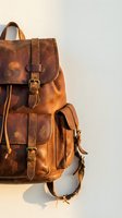 Vintage brown leather backpack with distressed patina, brass buckles, and dual shoulder straps displayed against neutral background. Perfect for fashion, travel, and lifestyle design projects.
