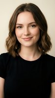 Young Caucasian woman with wavy brown hair wearing black t-shirt smiling at camera in professional headshot portrait for business and lifestyle content.