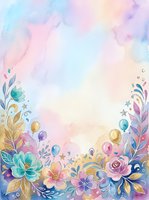 Soft watercolor floral border with pastel roses, teal blooms, gold leaves, balloons, and confetti on a dreamy gradient background with copy space.