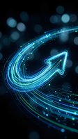Glowing neon arrow pointing upward with flowing digital particles and circuit lines on dark background, representing growth, progress, technology, and business success.