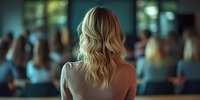 Blonde woman with wavy hair viewed from behind in soft focus, standing in crowded interior space with blurred people in background creating atmospheric depth.