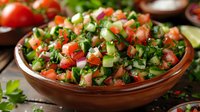 Fresh Mediterranean salad with diced tomatoes, cucumbers, red onions, and herbs in rustic ceramic bowl. Vibrant colors and textures create appetizing healthy meal.