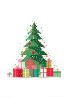 Festive Christmas tree decorated with colorful ornaments surrounded by wrapped gift boxes on white background. Ideal for holiday greeting cards.