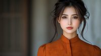 Young Asian woman with dark hair in updo wearing orange high neck blouse looking at camera with confident expression against blurred background. Professional portrait.