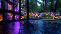Cozy wooden table with blurred bookshelf and magical bokeh lights in purple and orange creating dreamy atmosphere. Soft focus background for festive or reading mood.