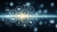 Digital healthcare technology interface with medical icons in hexagonal grid pattern on dark blue background with glowing light effects and data visualization.