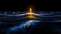 Glowing golden figure stands atop shimmering digital wave pattern against dark background with bokeh lights, representing technology and human connection.