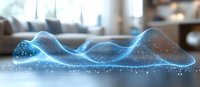Glowing blue wave form with sparkling particles floating in air against blurred interior background, modern abstract design element for technology concept.