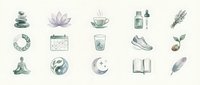 Wellness and mindfulness icons set featuring meditation symbols, spa elements, herbal remedies and self-care items on clean background for holistic health designs.
